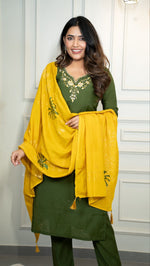 Thumbnail for Lorenvalley Fashion Mahendi Roman Silk Hand Work Kurta Pant with Dupatta