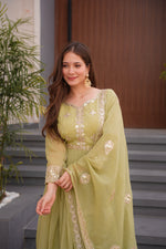 Thumbnail for Lorenvalley Fashion Mehendi Crunchy Silk with Embroidery Codding & Sequins Work Anarkali Gown with Dupatta - Distacart