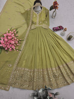 Thumbnail for Lorenvalley Fashion Mehendi Crunchy Silk with Embroidery Codding & Sequins Work Anarkali Gown with Dupatta - Distacart