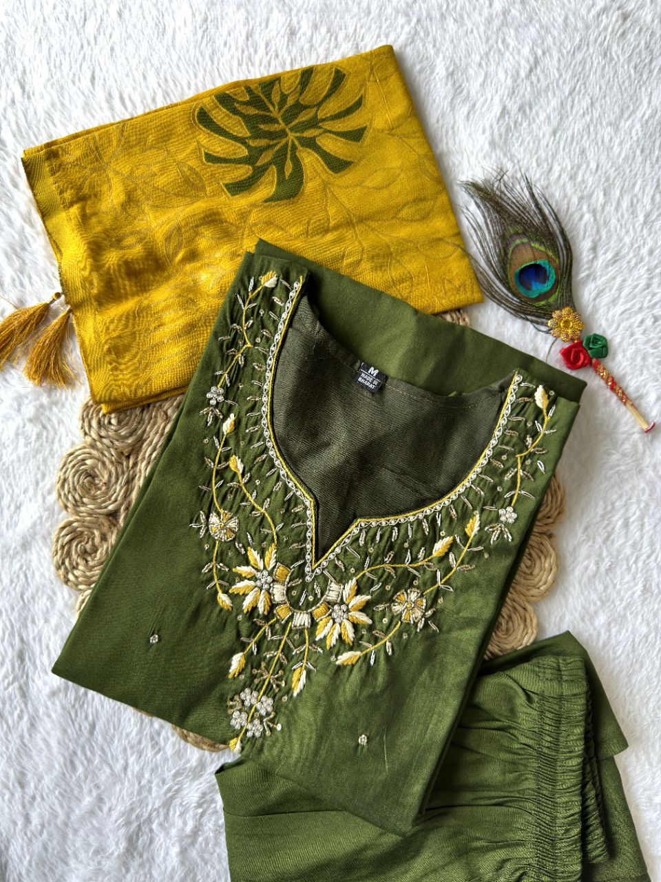 Lorenvalley Fashion Mahendi Roman Silk Hand Work Kurta Pant with Dupatta