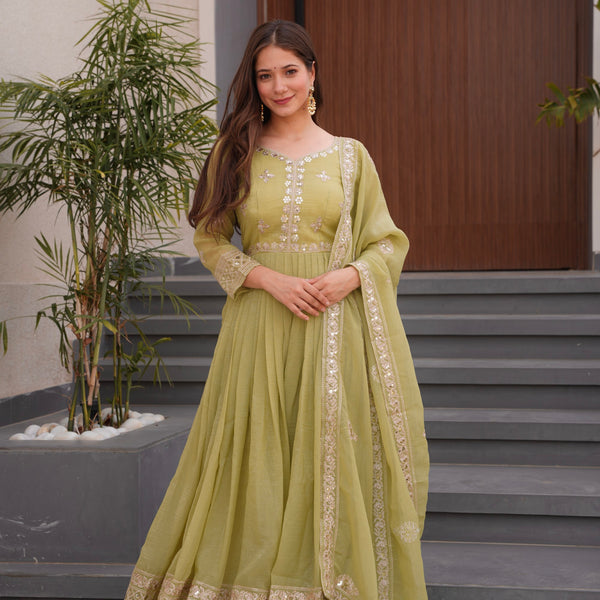 Lorenvalley Fashion Mehendi Crunchy Silk with Embroidery Codding & Sequins Work Anarkali Gown with Dupatta - Distacart