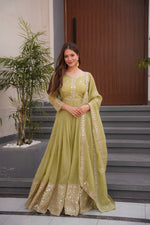 Thumbnail for Lorenvalley Fashion Mehendi Crunchy Silk with Embroidery Codding & Sequins Work Anarkali Gown with Dupatta - Distacart