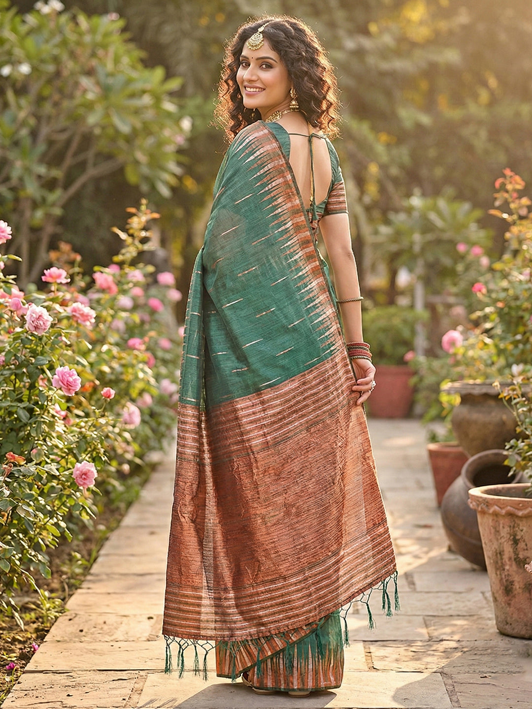 Anaita Mehendi Linen Woven Work Saree With Blouse - Distacart