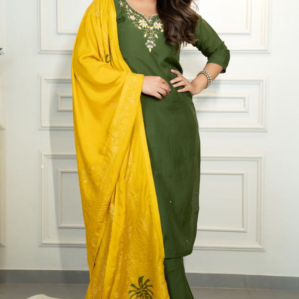 Lorenvalley Fashion Mahendi Roman Silk Hand Work Kurta Pant with Dupatta - Distacart