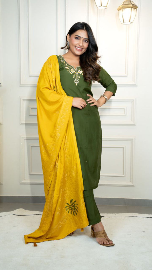 Lorenvalley Fashion Mahendi Roman Silk Hand Work Kurta Pant with Dupatta