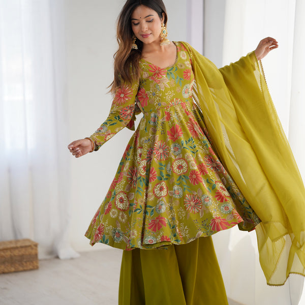 Lorenvalley Women Pure Soft Roman silk Chanderi Discharge Print Fabric Kediya Kurta Palazzo with Dupatta Set - Distacart