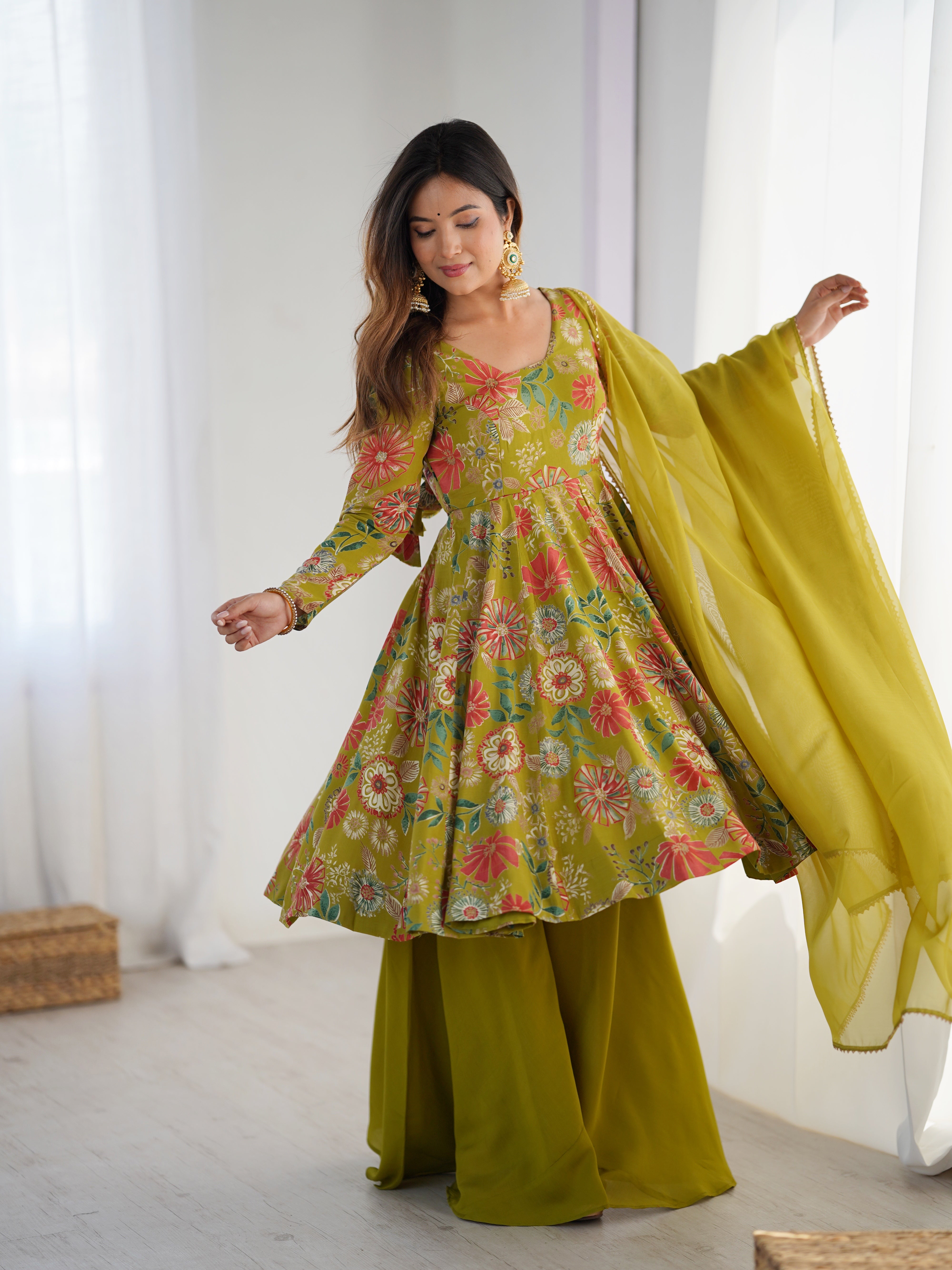Lorenvalley Women Pure Soft Roman silk Chanderi Discharge Print Fabric Kediya Kurta Palazzo with Dupatta Set - Distacart