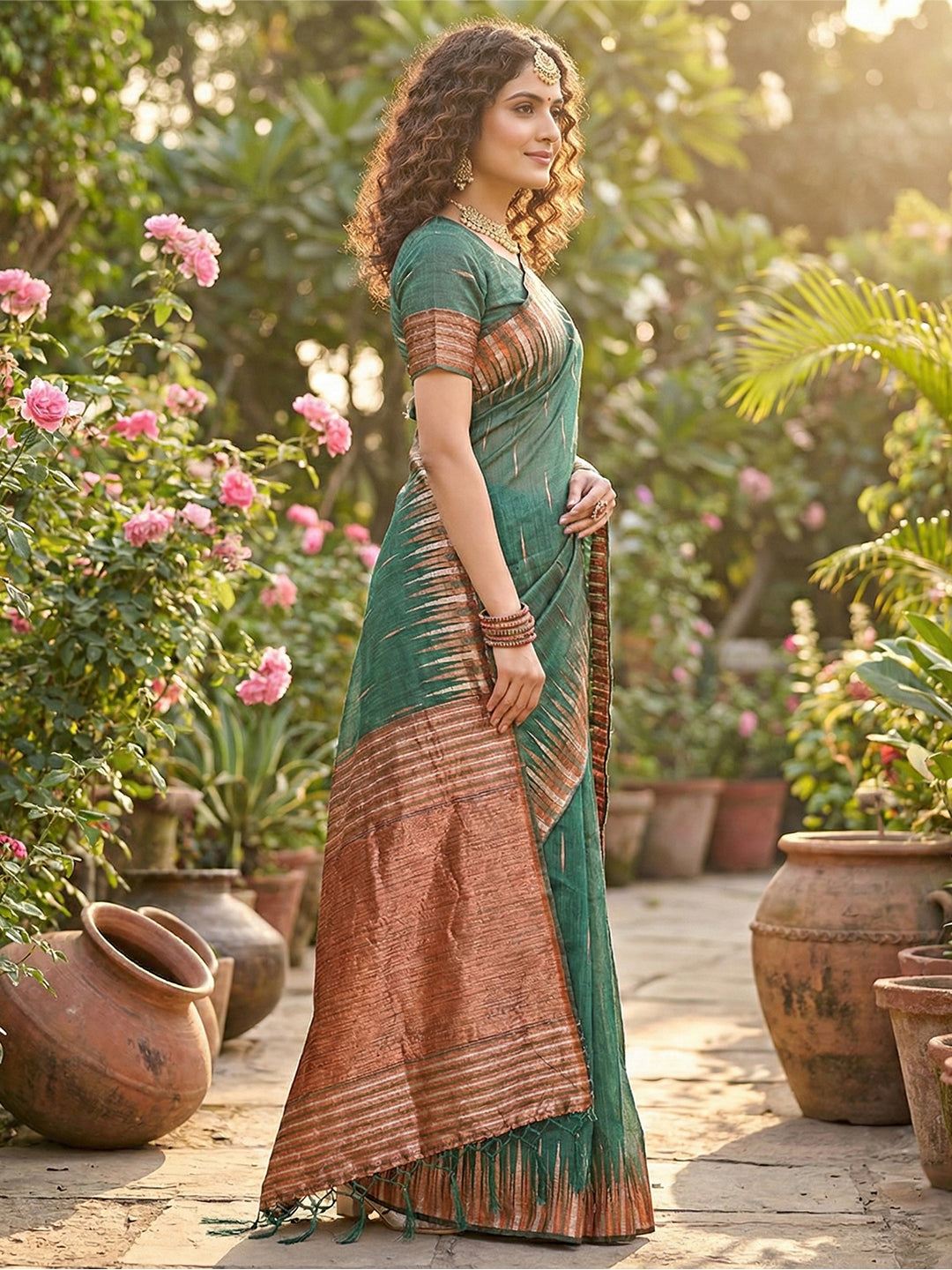 Anaita Mehendi Linen Woven Work Saree With Blouse - Distacart