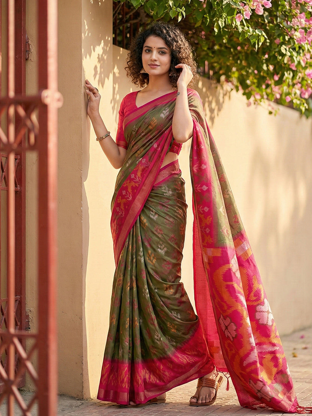 Anaita Mehendi Pochampally Printed Saree With Blouse - Distacart