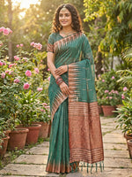 Thumbnail for Anaita Mehendi Linen Woven Work Saree With Blouse - Distacart