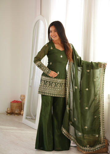 Lorenvalley Fashion Mehendi Crunchy Silk with Embroidery Sequence and Jari Work Kurta Bell Bottom Pant with Dupatta - Dista