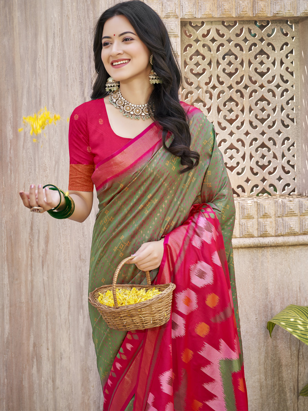 Anaita Mehndi Pochampally Silk Saree With Floral Printed Work With Blouse - Distacart