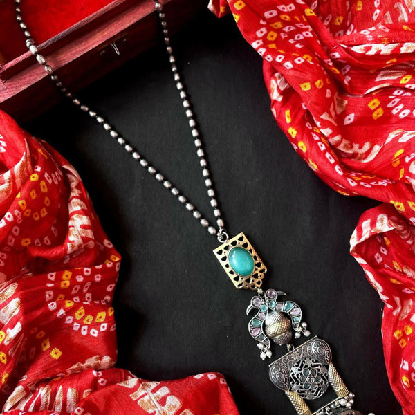 Joban Fashion Sky Blue Brass Monalisa Stone Dual Tone Beaded Pendant Chain Necklace - Distacart