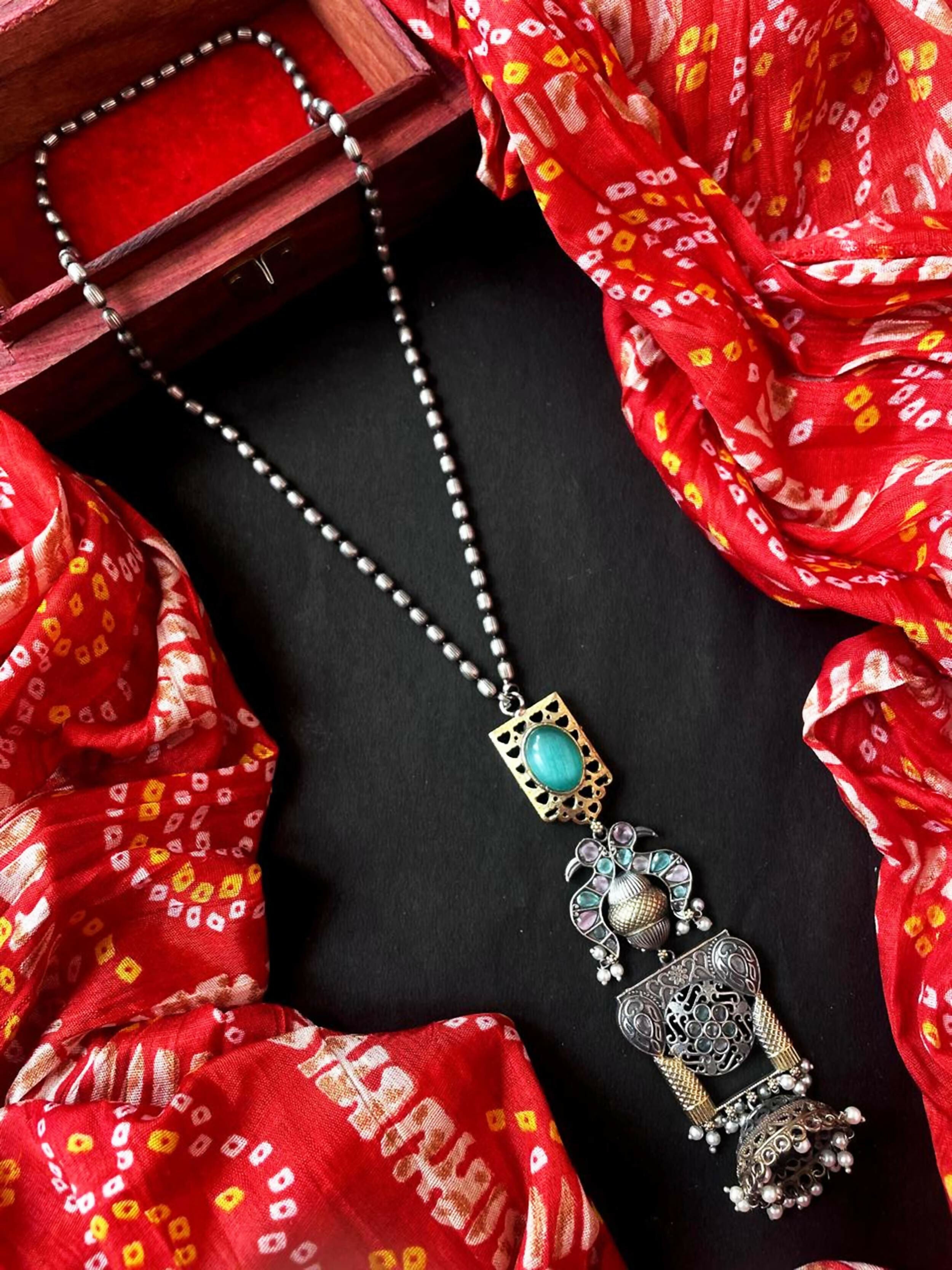 Joban Fashion Sky Blue Brass Monalisa Stone Dual Tone Beaded Pendant Chain Necklace - Distacart