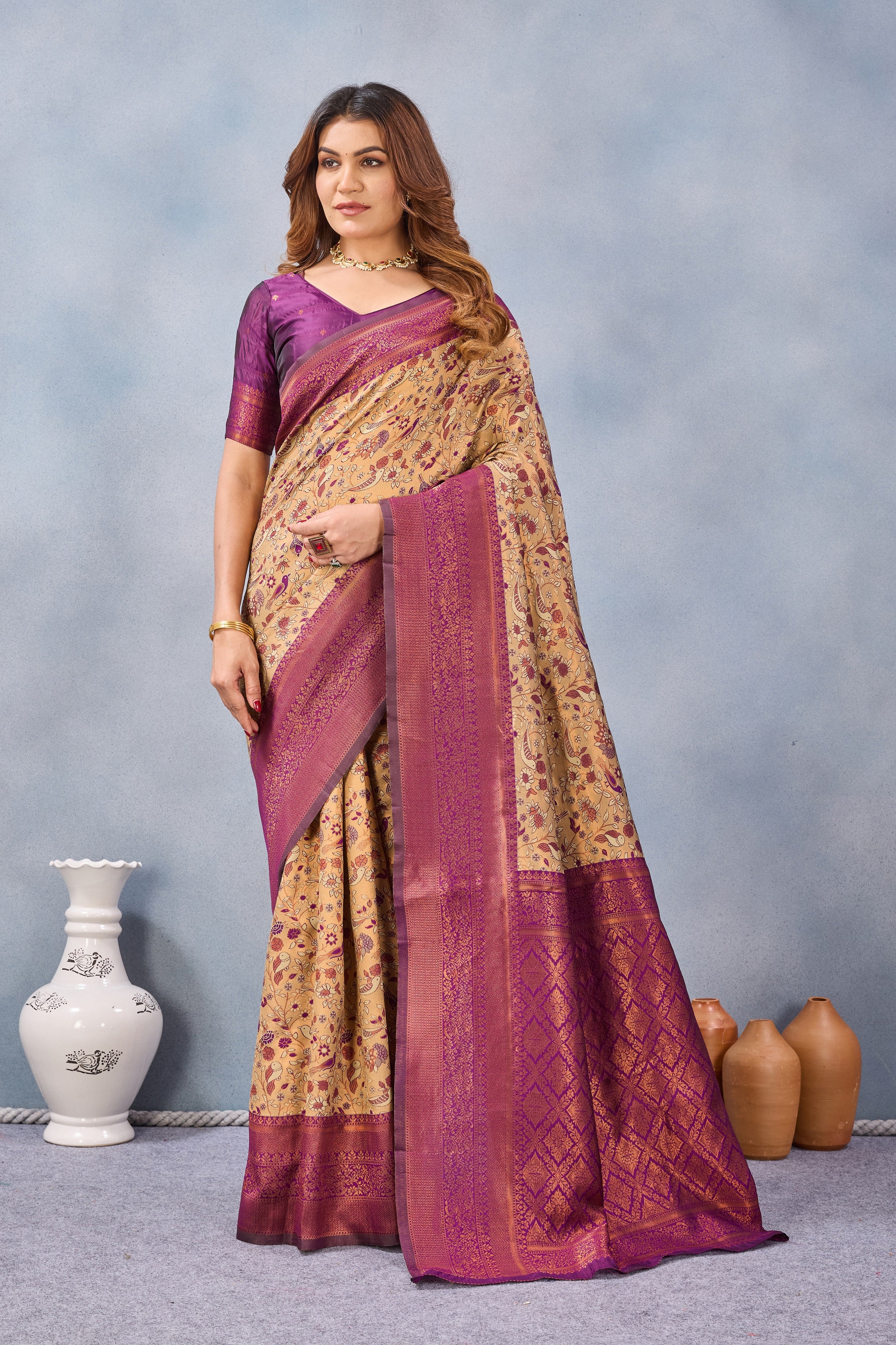 Divine International Trading Co Beige Wine Soft Silk Blend Banarasi Jacuard Work Designer Party Wear Saree With Unstitched Blouse Piece - Dista
