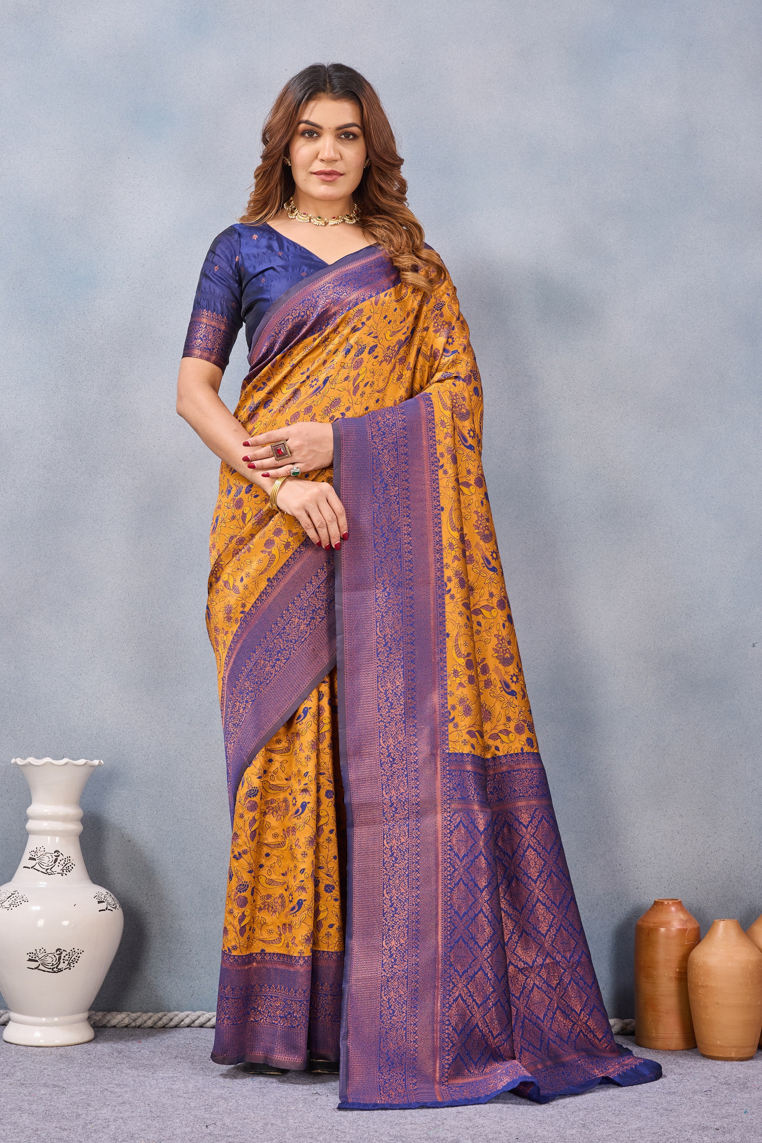 Divine International Trading Co Mustard Blue Soft Silk Blend Banarasi Jacuard Work Designer Party Wear Saree With Unstitched Blouse Piece - Dista