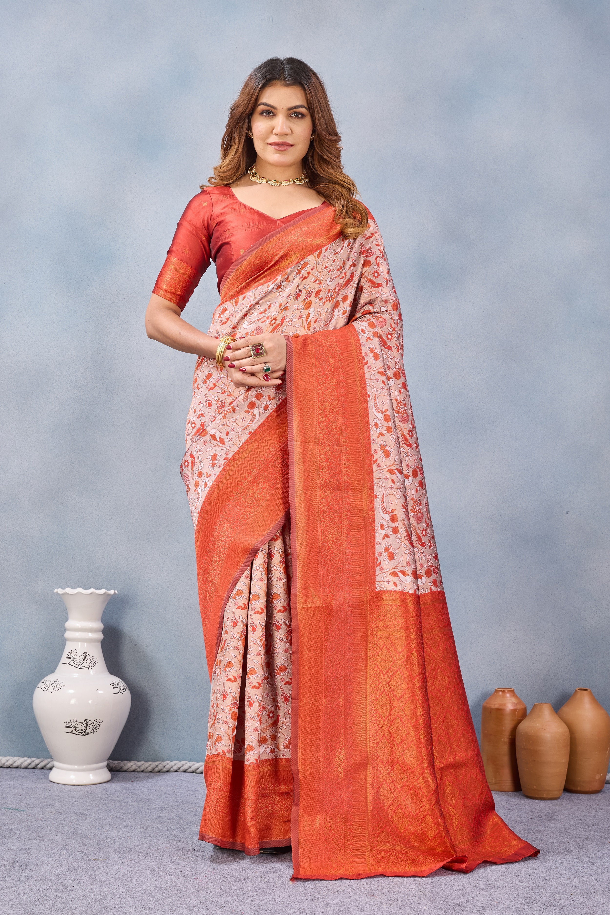 Divine International Trading Co Orange Soft Silk Blend Banarasi Jacuard Work Designer Party Wear Saree With Unstitched Blouse Piece - Dista