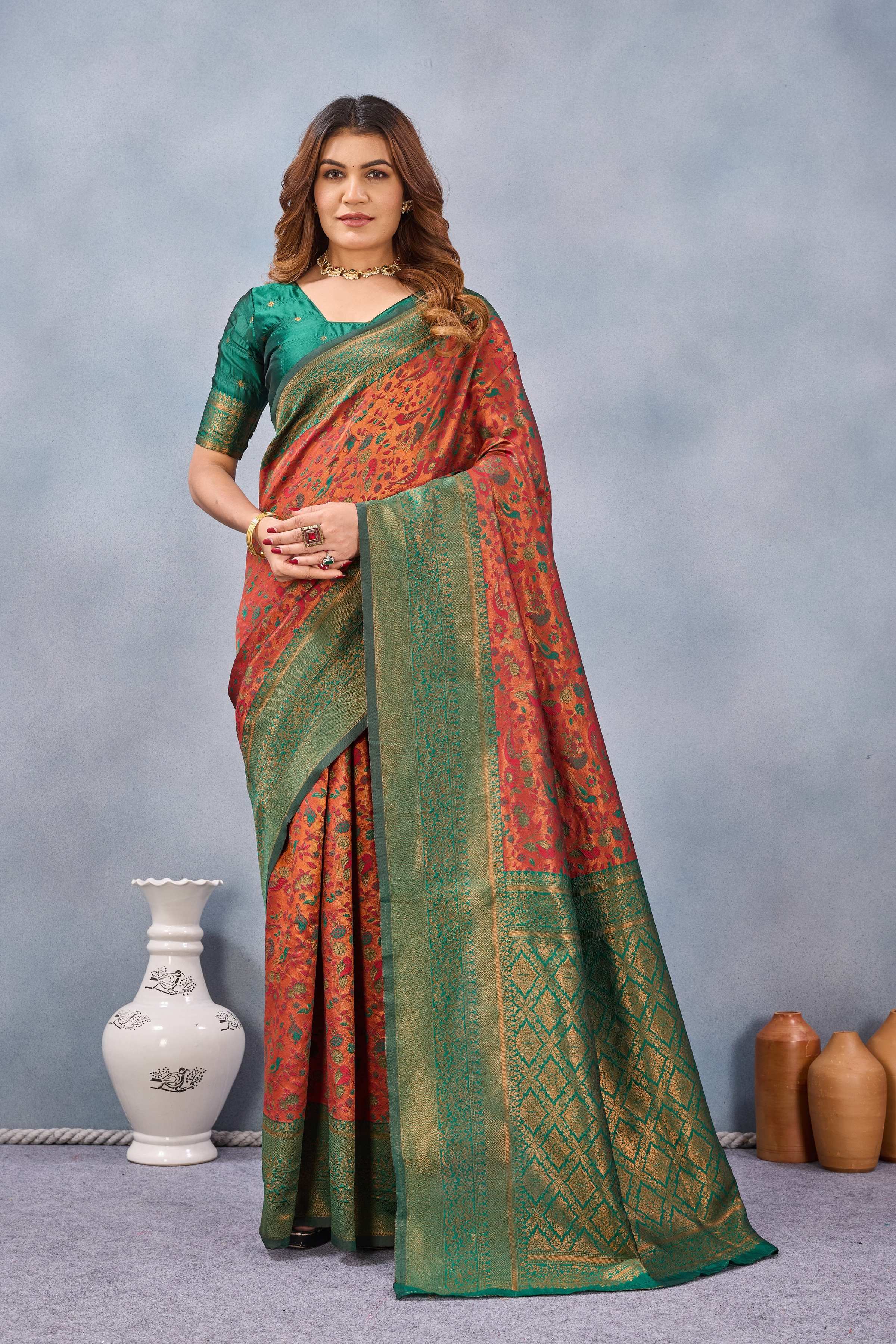 Divine International Trading Co Orange Green Soft Silk Blend Banarasi Jacuard Work Designer Party Wear Saree With Unstitched Blouse Piece - Dista
