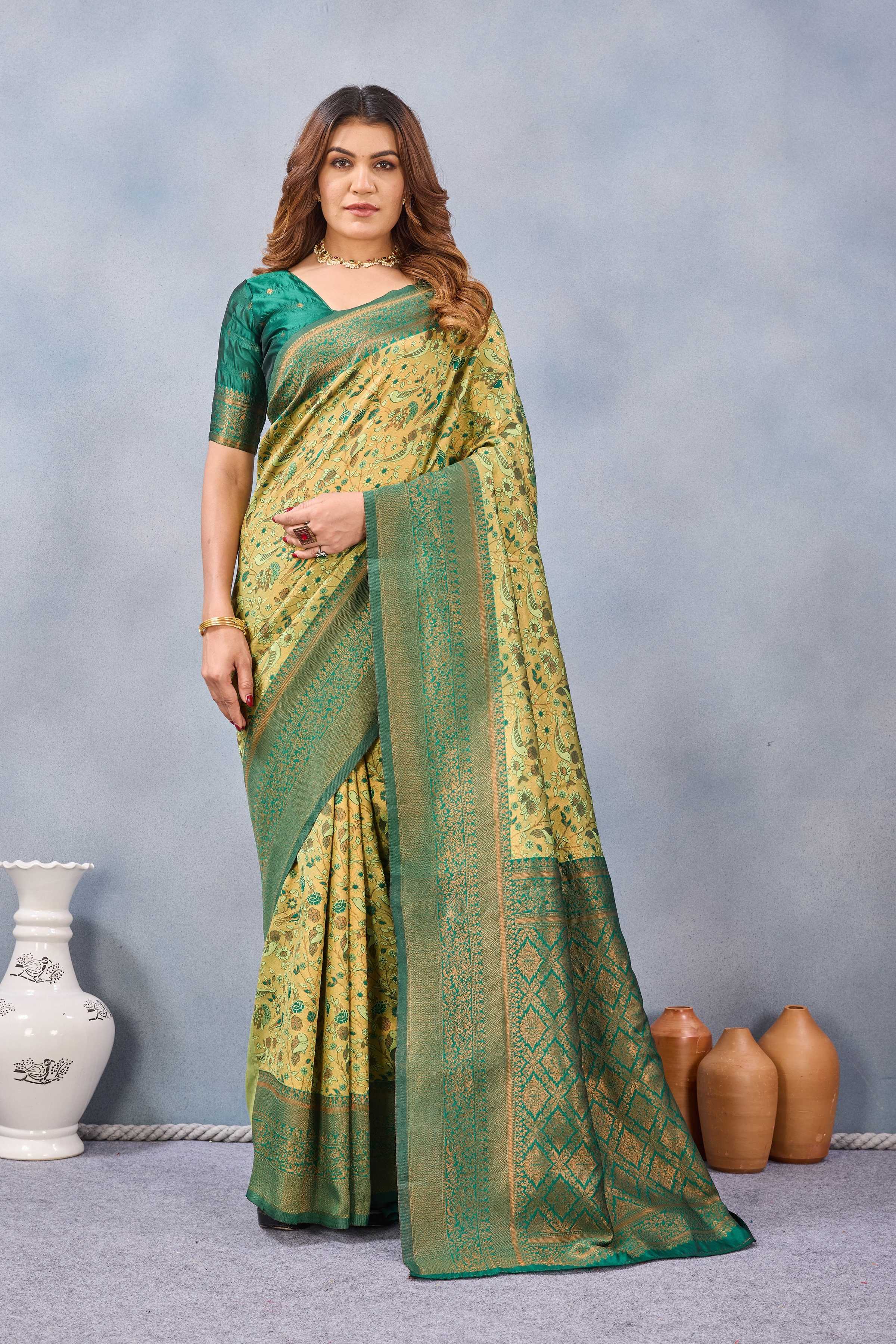 Divine International Trading Co Parrot Green Soft Silk Blend Banarasi Jacuard Work Designer Party Wear Saree With Unstitched Blouse Piece - Dista