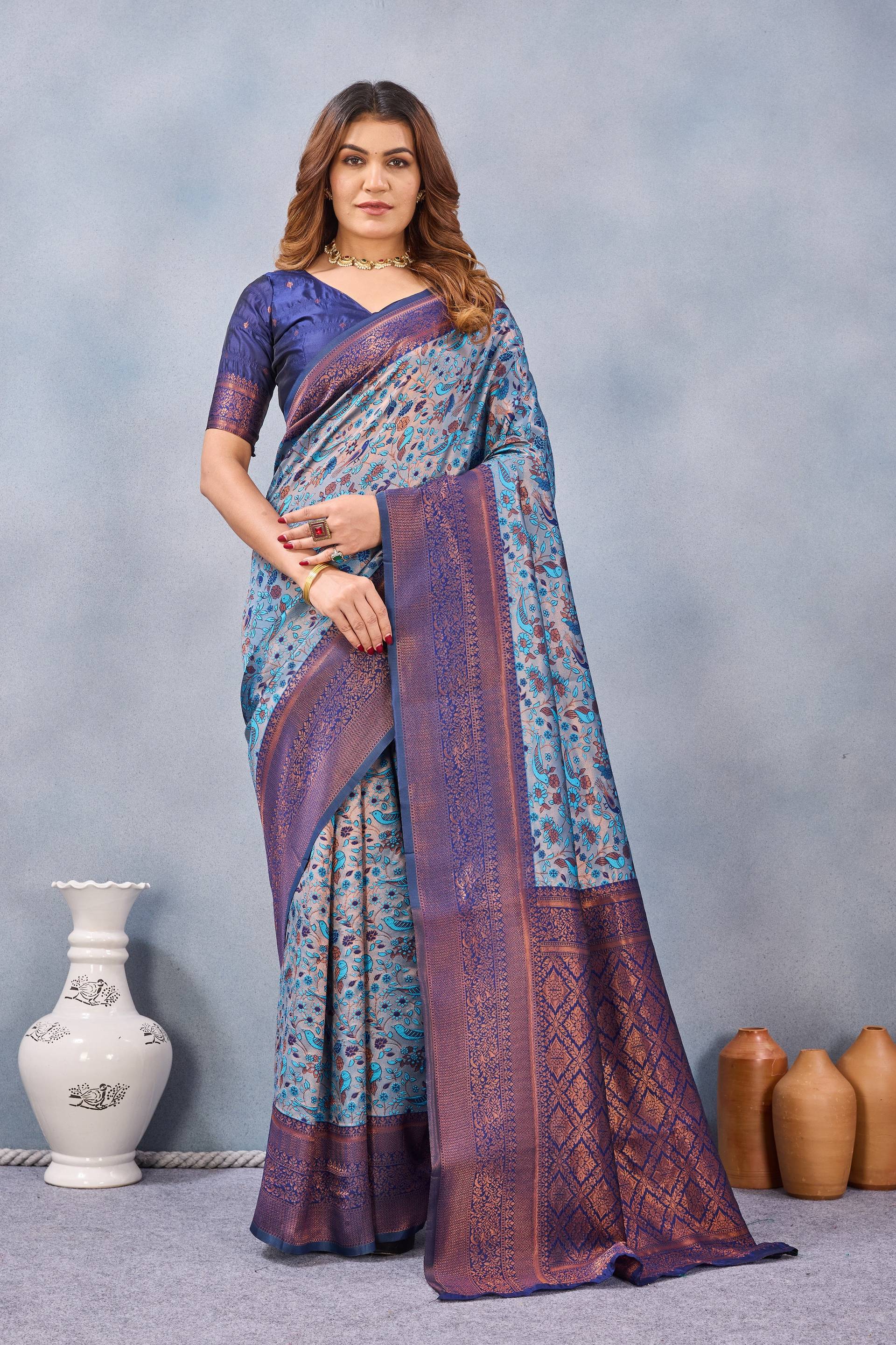 Divine International Trading Co Turquoise Soft Silk Blend Banarasi Jacuard Work Designer Party Wear Saree With Unstitched Blouse Piece - Dista