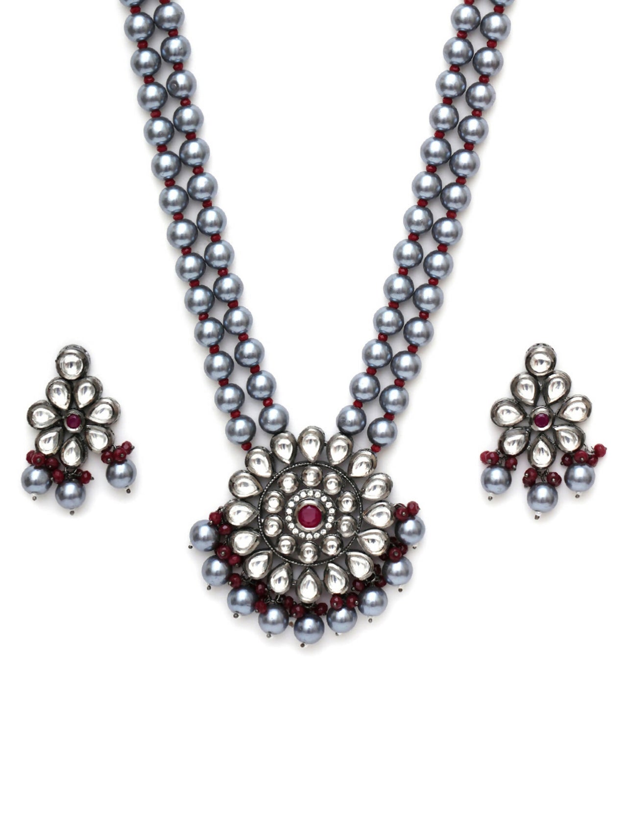 Long Kundan Neckpiece with Earrings with Multi Stones Jewellery Set (Grey) - Ruby Raang - Distacart