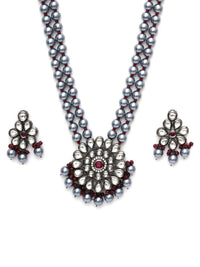 Thumbnail for Long Kundan Neckpiece with Earrings with Multi Stones Jewellery Set (Grey) - Ruby Raang - Distacart