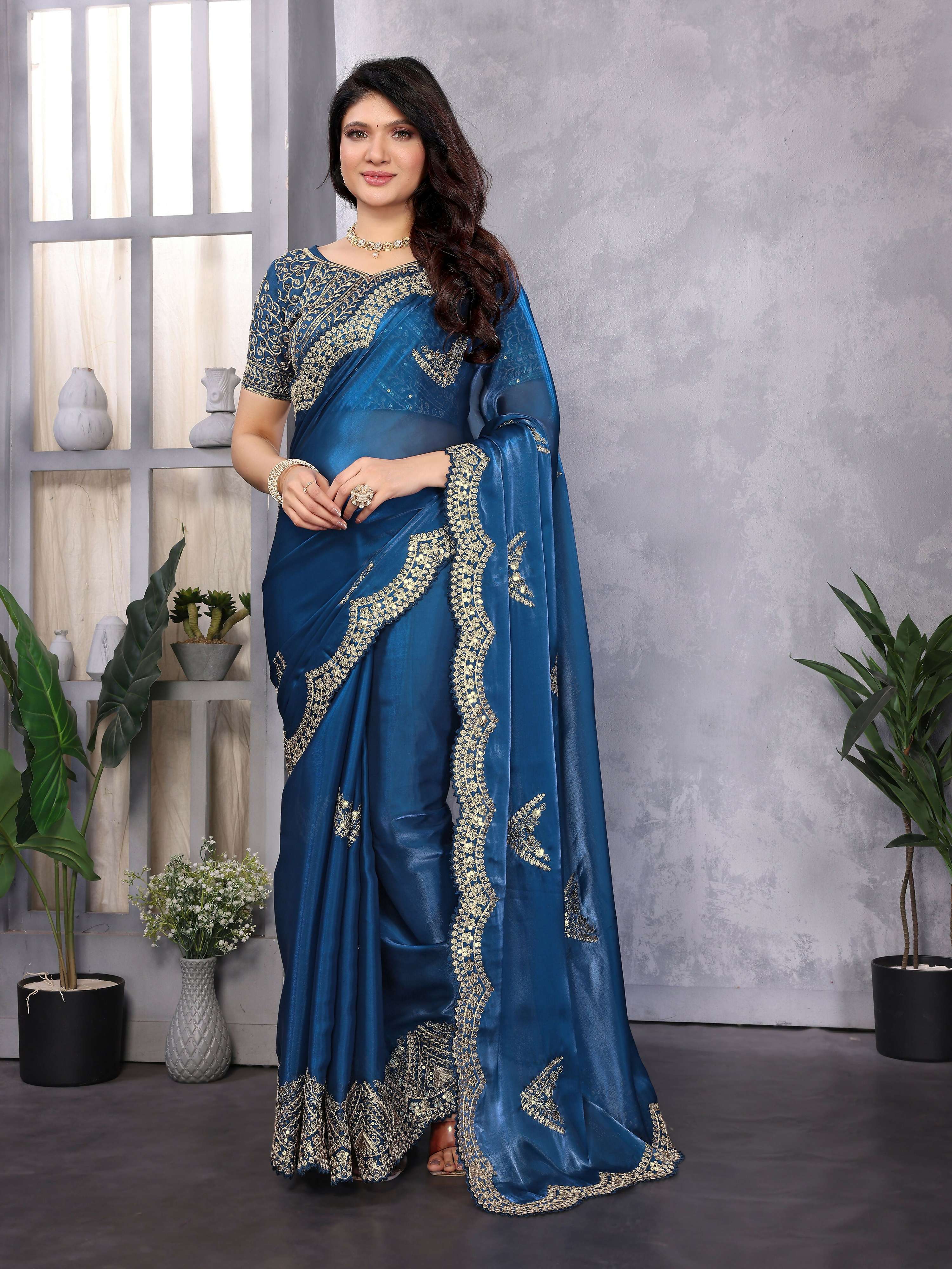 Vastranavya Blue Embroidery Work Shimmer Chiffon Saree with Unstitched Blouse