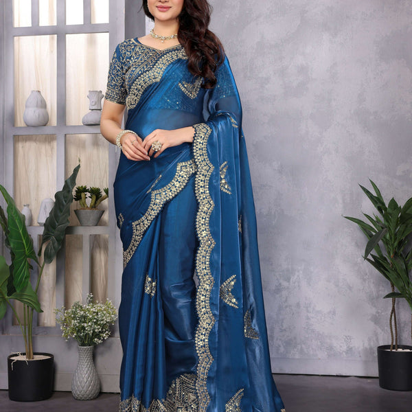 Vastranavya Blue Embroidery Work Shimmer Chiffon Saree with Unstitched Blouse