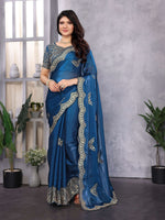 Thumbnail for Vastranavya Blue Embroidery Work Shimmer Chiffon Saree with Unstitched Blouse