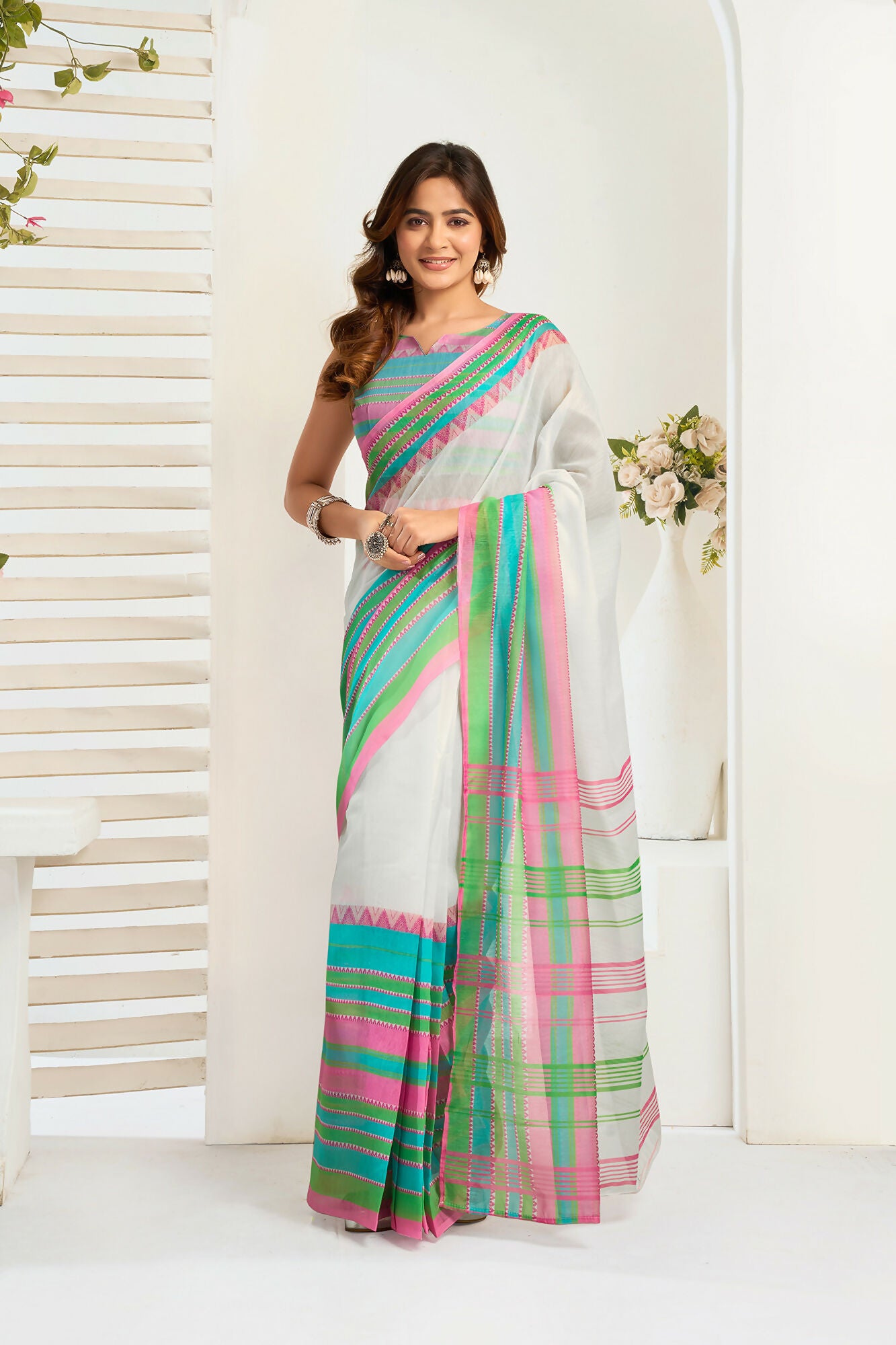 Vastranavya Multicolor Digital Printed Linen Ready To Wear Designer Saree with Unstitched Blouse - Distacart