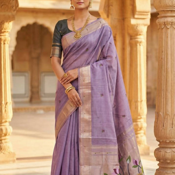 Vastranavya Lavender Muga Cotton Meenakari & Munia Weaving Pallu Saree with Contrast Blouse - Distacart