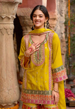 Thumbnail for Anaita Yellow Chinon Readymade Palazzo Suit with Codding Dori & Sequence Work - Distacart