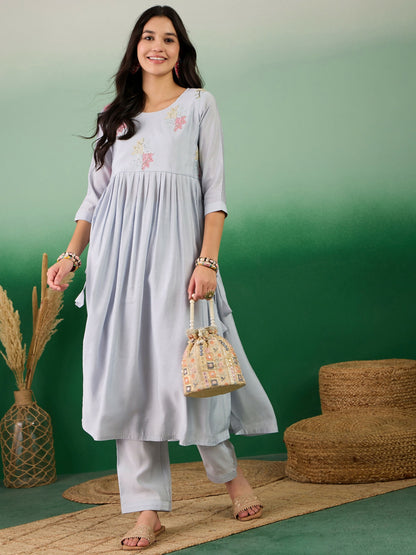Blue Embroidered Muslin Kurta and Trouser - Berlin - Distacart