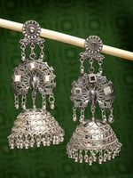 Thumbnail for NVR Women's Silver Plated Mirror Work Oxidised Contemporary Jhumka Earrings - Distacart