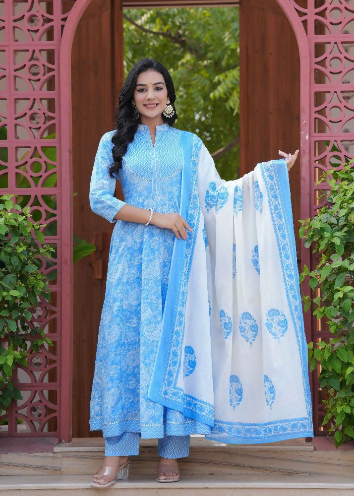 Jaimini Women Cotton Printed Mandarin Collar Neck Calf Length Flared Kurta Pant And Dupatta Set - Dista
