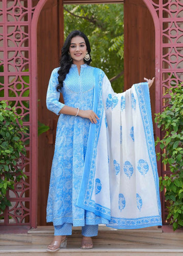 Jaimini Women Cotton Printed Mandarin Collar Neck Calf Length Flared Kurta Pant And Dupatta Set - Dista
