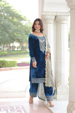 Thumbnail for Vastranavya Morpeach Velvet With Rich Sequins & Zari Embroidered Work Top-Bottom With Dupatta - Distacart