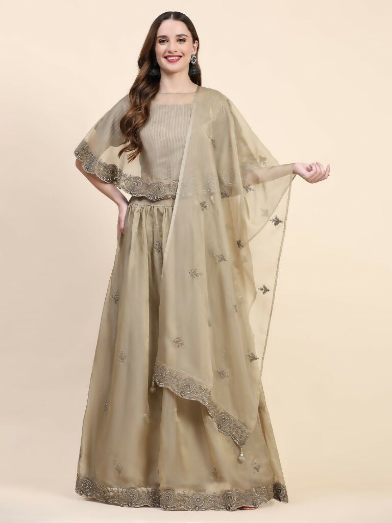 Green Silk Embroidered Poncho Pattern Top & Lehenga with Dupatta - Tanya - Distacart