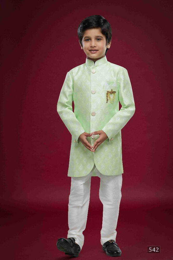 Raivat Ethnic Kids Banarasi Jacquard Woven Work Semi Indo Western Set Pista Green Colour - Distacart