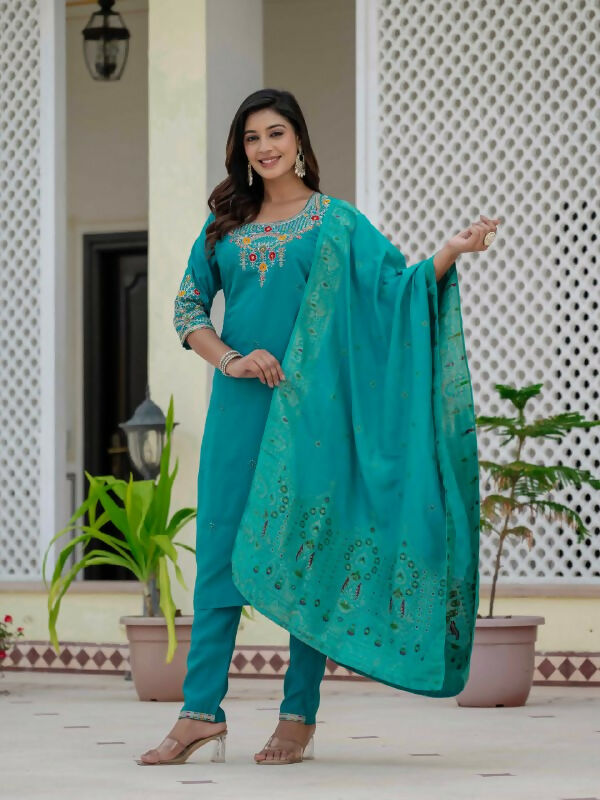 Preksha Creation Wedding Special Premium Roman Silk Coding Embroidery With Sequins Work Kurti Dupatta With Pant