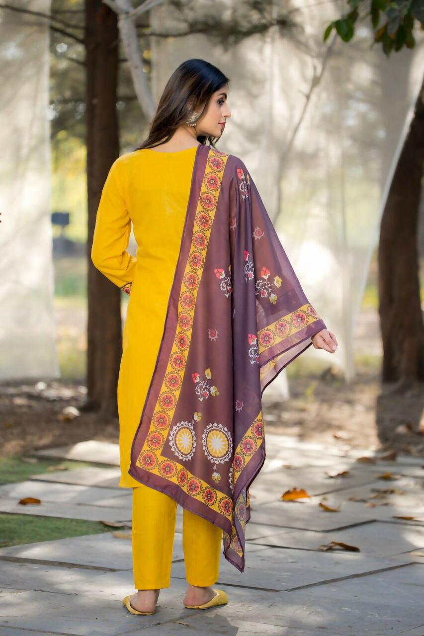 Preksha Creation Yellow Festival Special Women Cotton Kurti With Dupatta And Pant