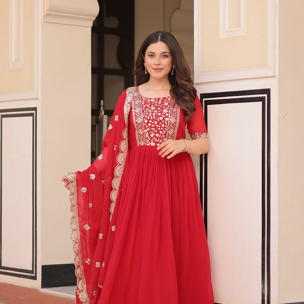 Joban Fashion Red Georgette Sequence Embroidery Work Kurta Set - Distacart