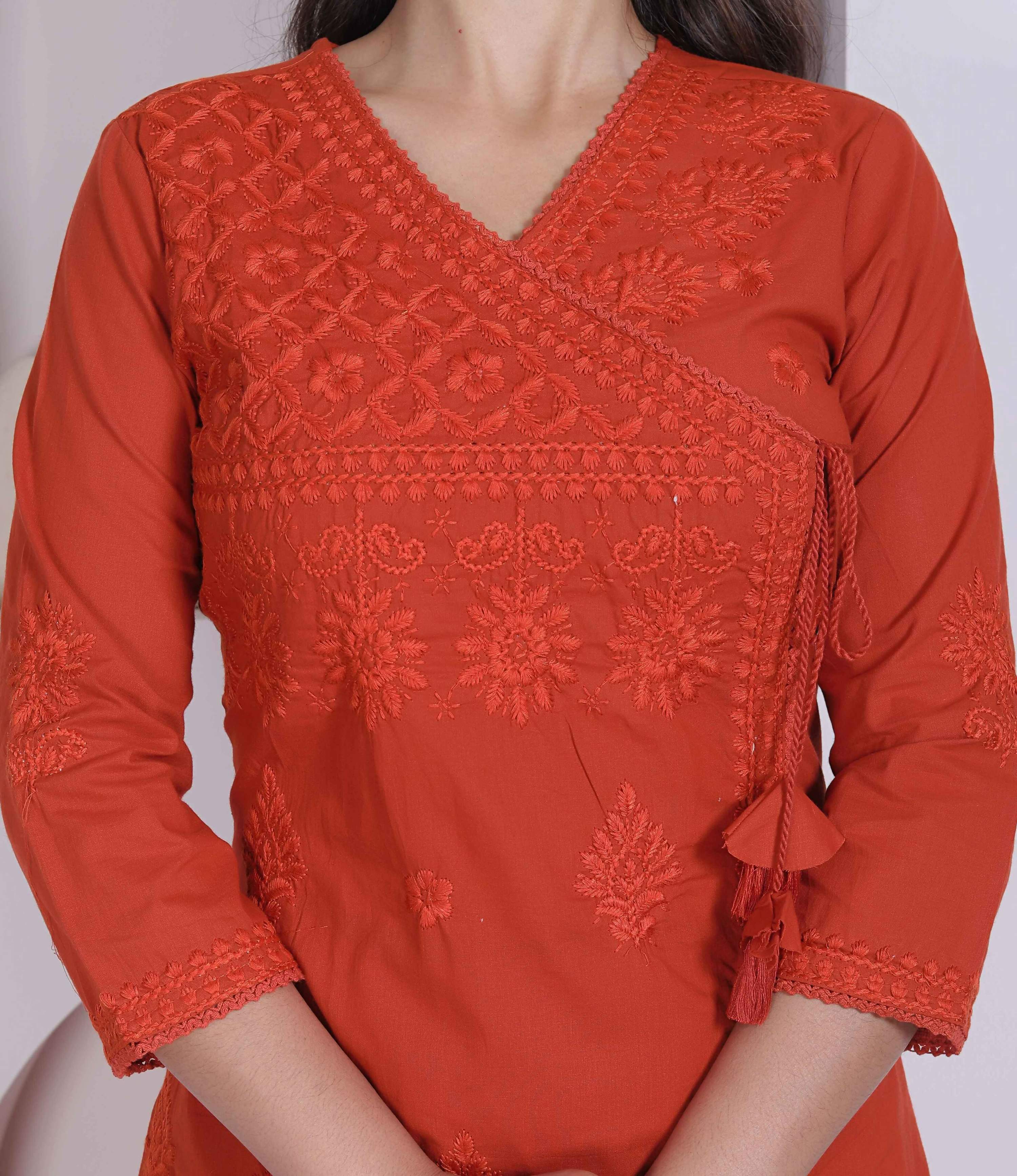 Miravan Womens Rust Floral Printed Angrakha Style Kurta With Palazzo - Dista