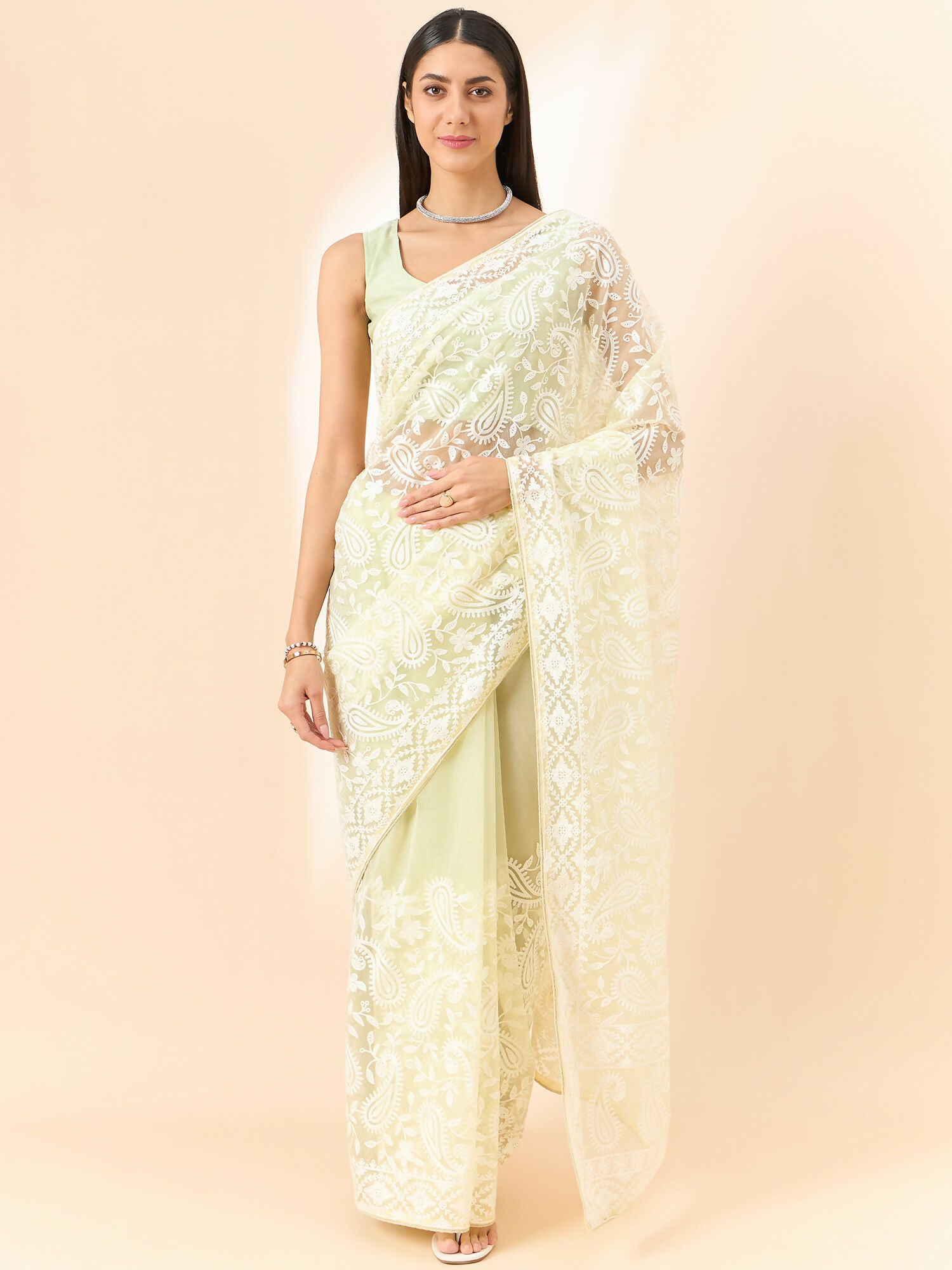 Yellow Organza Paisely Embroidered Saree with Unstitched Blouse Piece - Roozal - Distacart