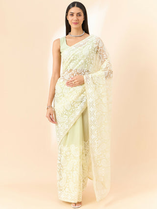 Yellow Organza Paisely Embroidered Saree with Unstitched Blouse Piece - Roozal - Distacart