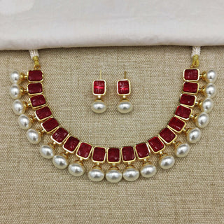 Red Stone Necklace With Pearls By House of Ree