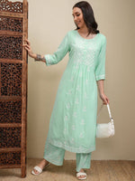 Thumbnail for Vishudh Green Floral Embroidered Thread Work Regular Kurta with Trouser