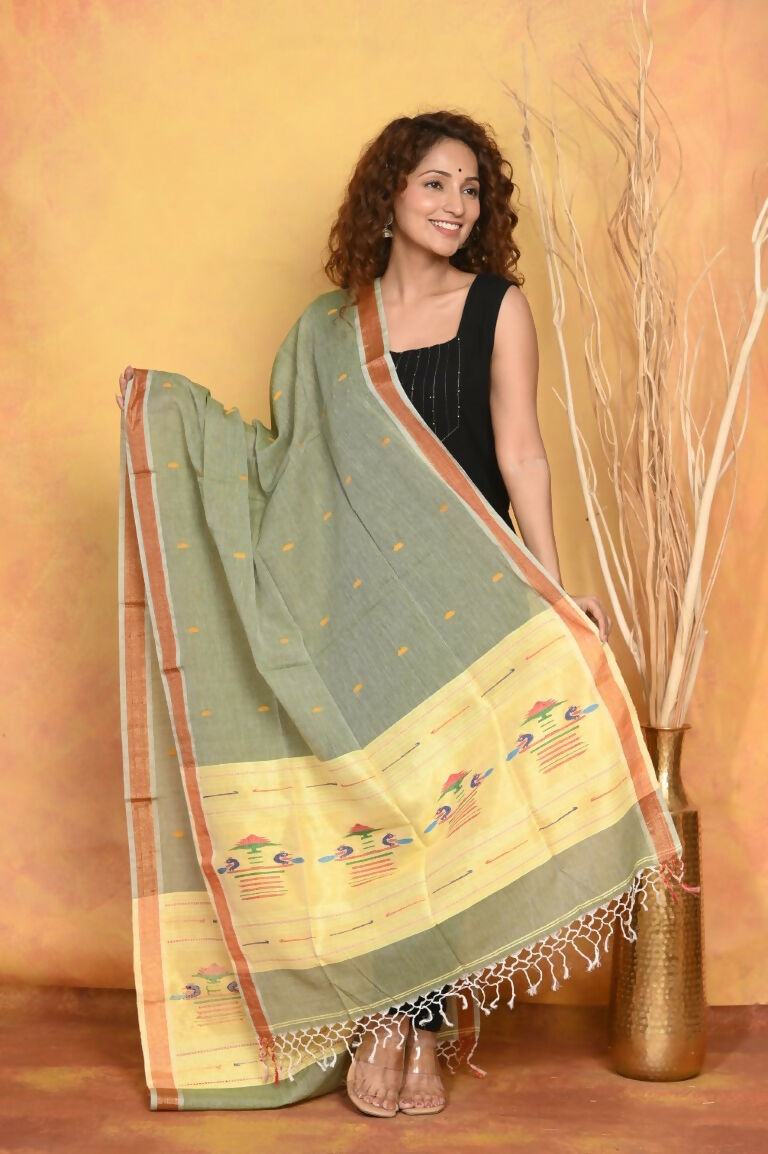 Very Much Indian Handloom Pure Cotton Paithani Dupatta - Green - Distacart