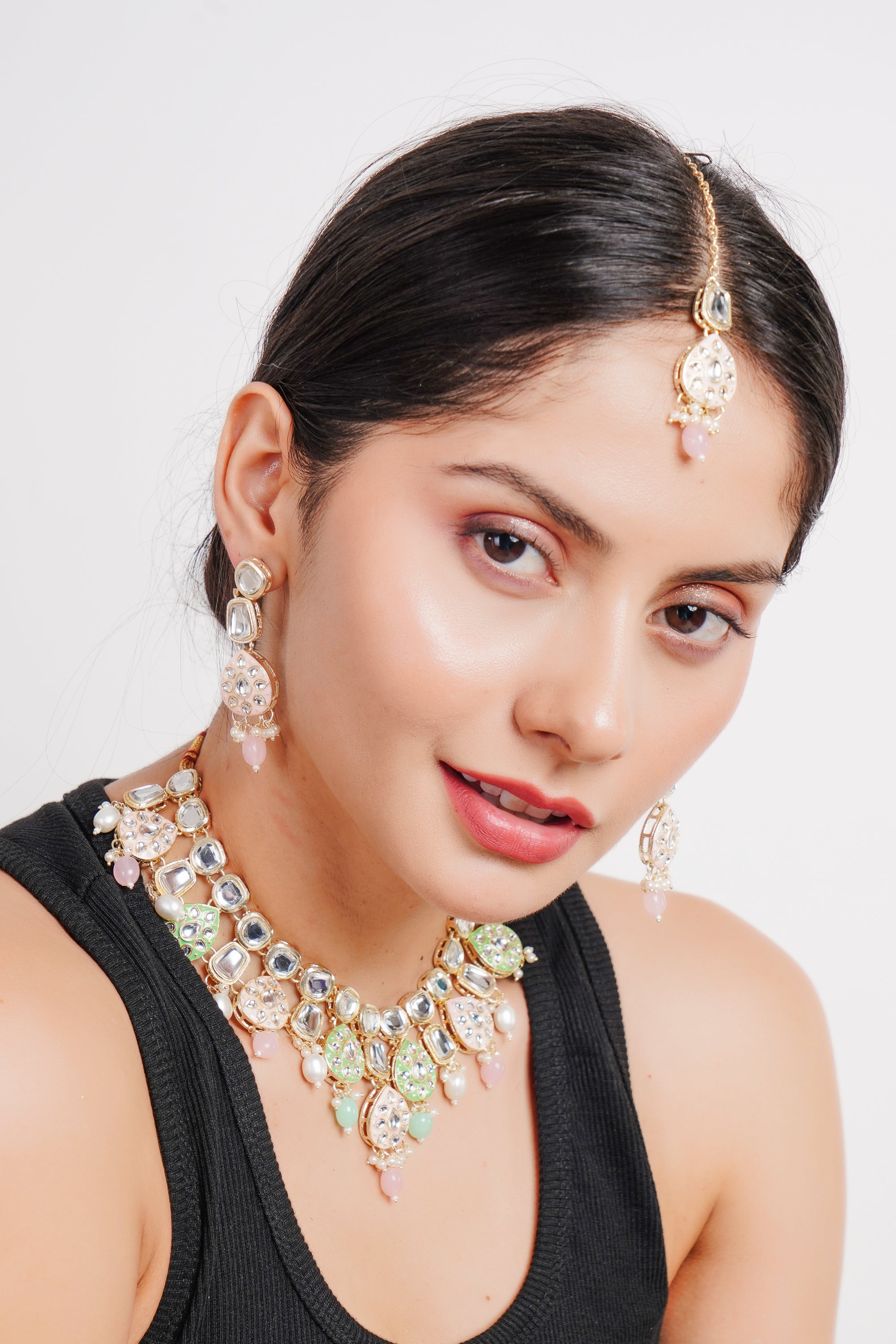 Divisha Alloy Gold-plated Mint Pink Jewellery Set