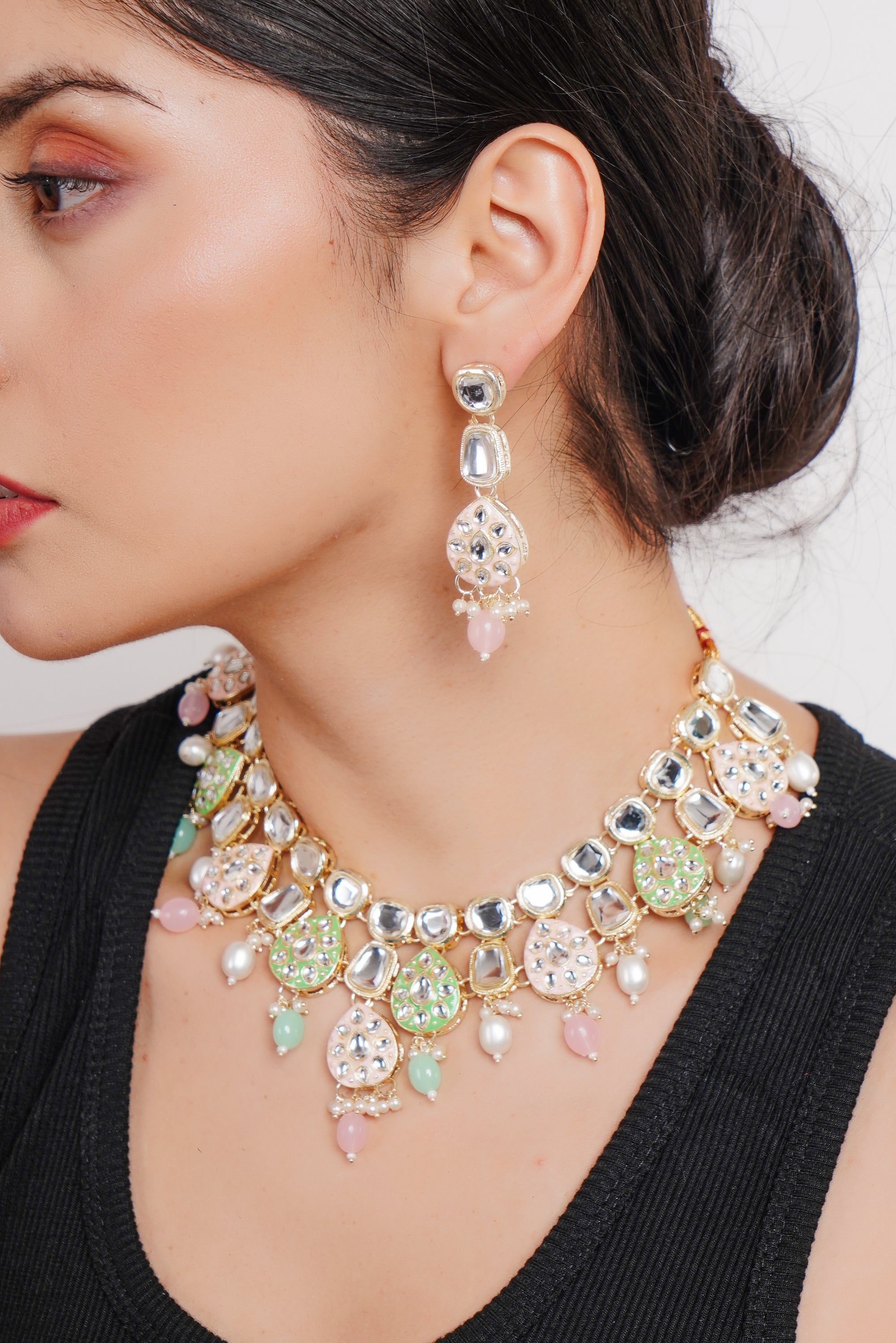 Divisha Alloy Gold-plated Mint Pink Jewellery Set